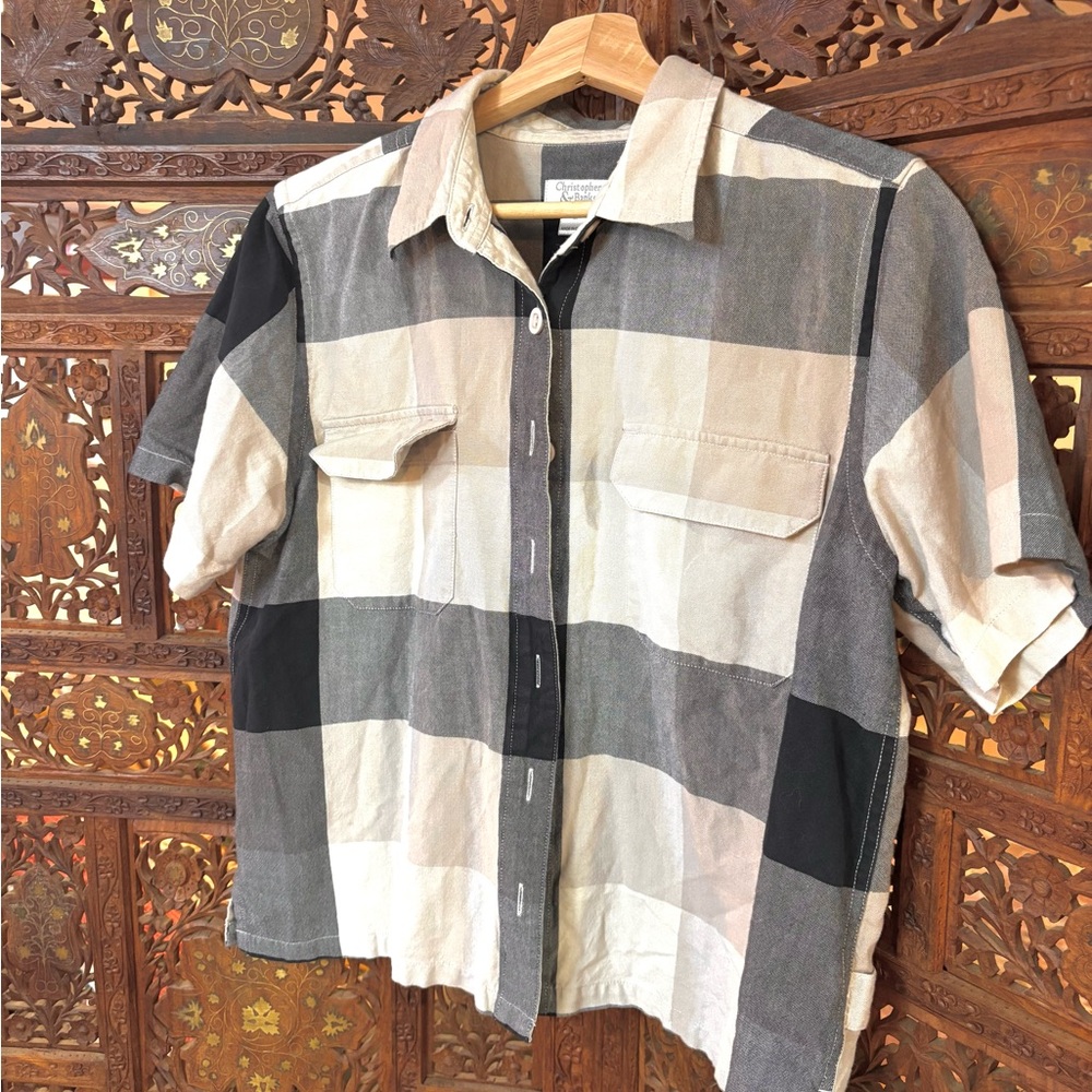 Checkered Gray, Tan and Black Button-Up Shirt